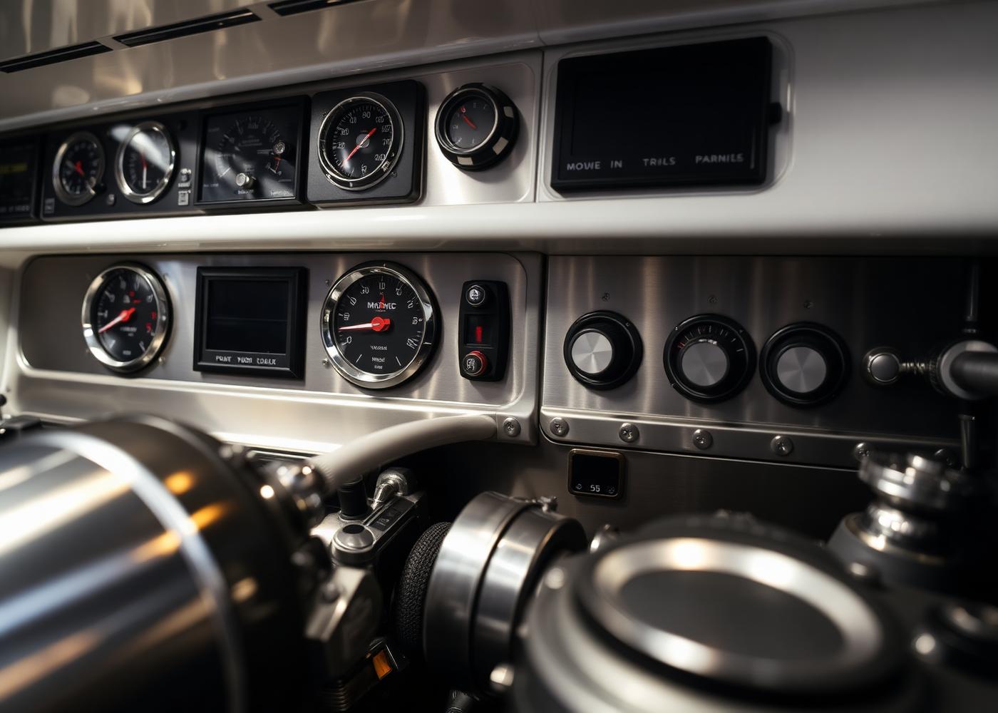 Polished technical instrumentation in a yacht engine room